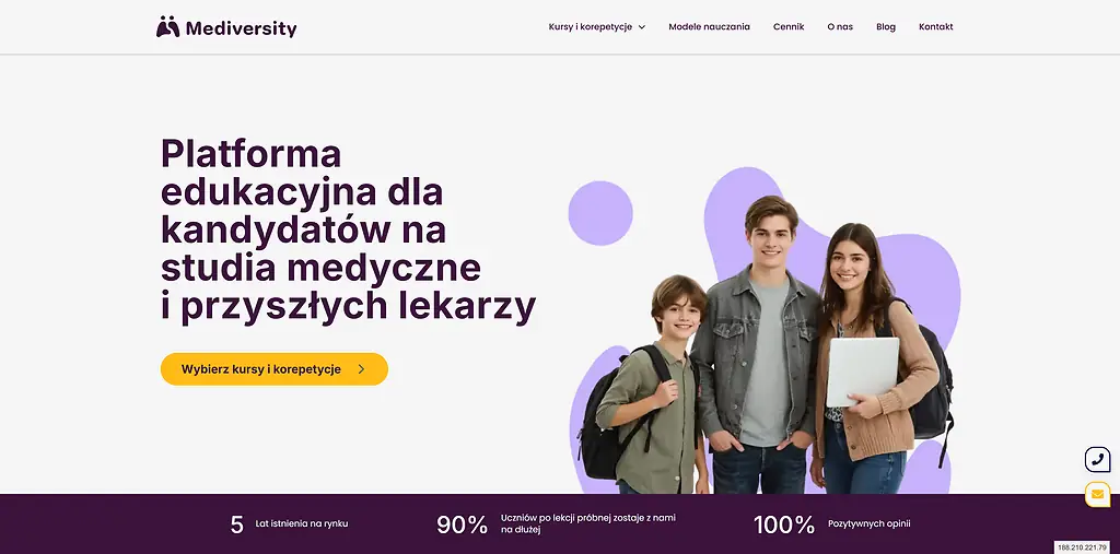 Widok strony głównej platformy korepetycji online Mediversity
