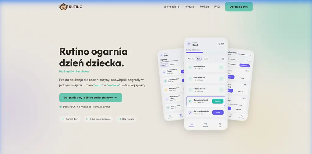 Widok strony aplikacji rodzinnej Rutino